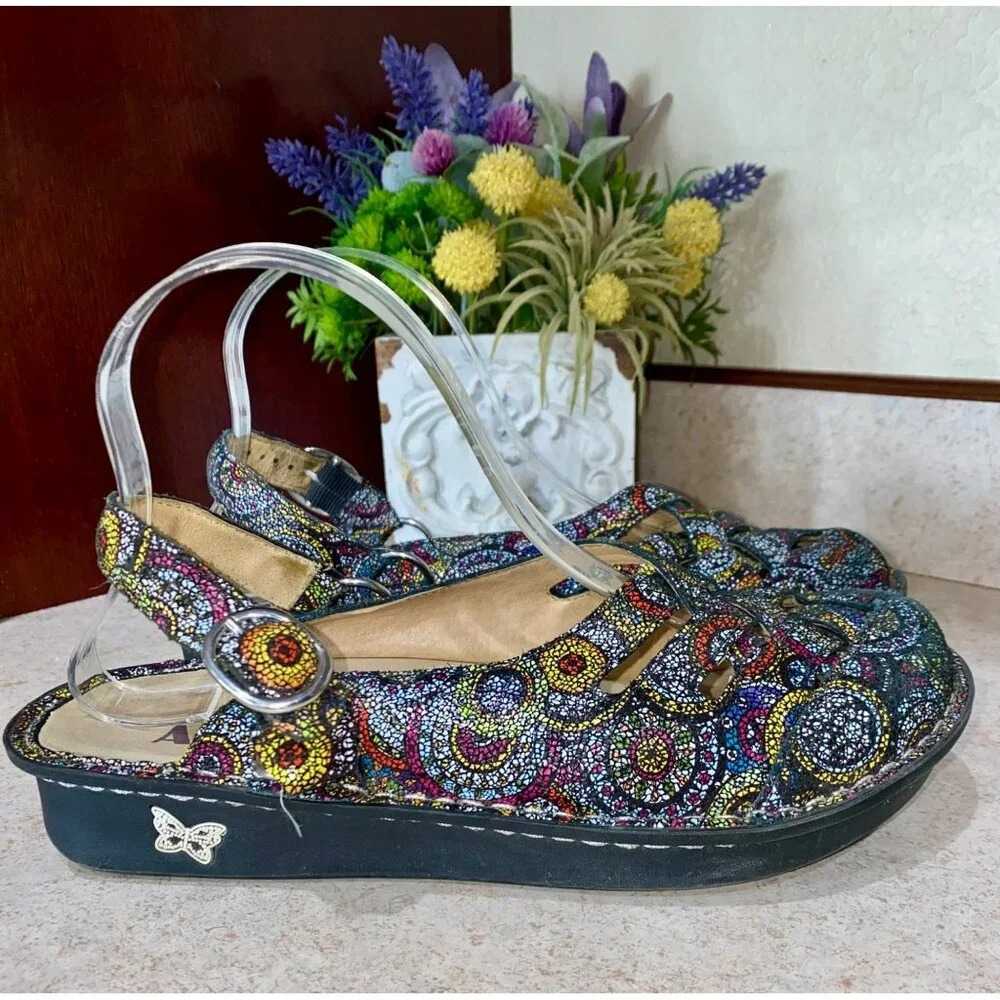 Alegria Freesia Rainbow Mosaic Mules Size 9 Slip On Multi Color Comfort Shoe